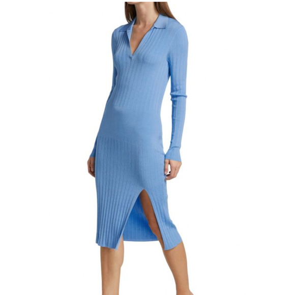 Rag & Bone Dawson Polo Dress Ribbed Knit Stretch Blue Long Sleeve Slit XLarge - Picture 2 of 13